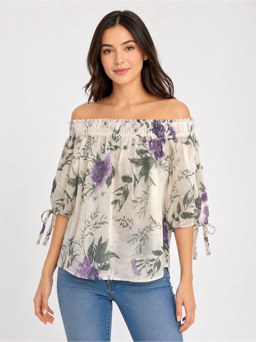 Harve Benard Cream Off-Shoulder Floral Blouse with Purple Roses